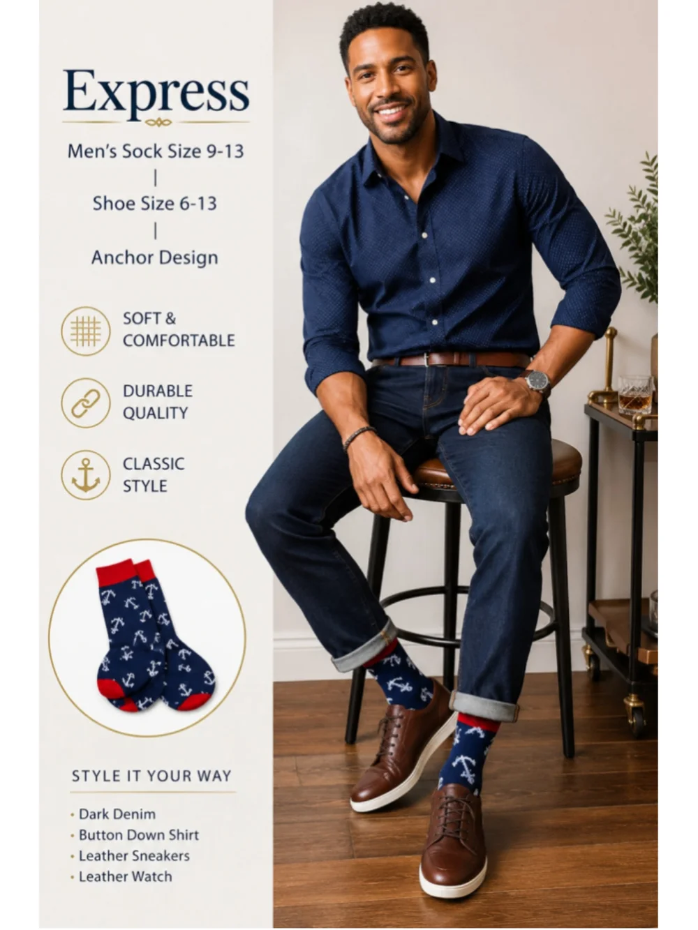 Express Men’s Anchor Dress Socks Navy Red Cotton Blend Size 9-13 NWT